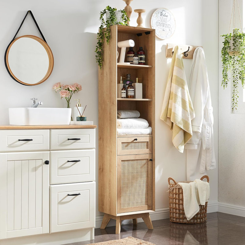 George Oliver Kylann Rattan Freestanding Bathroom Cabinet with Drawer ...